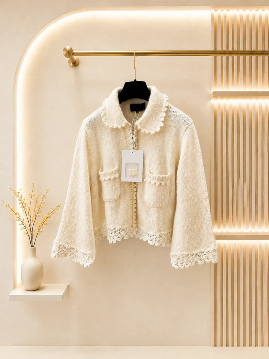 2026 Women Sweater Cropped Knit Cardigan Doll Collar Lace Crochet Trim Flared Sleeve Patch Pockets Textured Knit Fabric