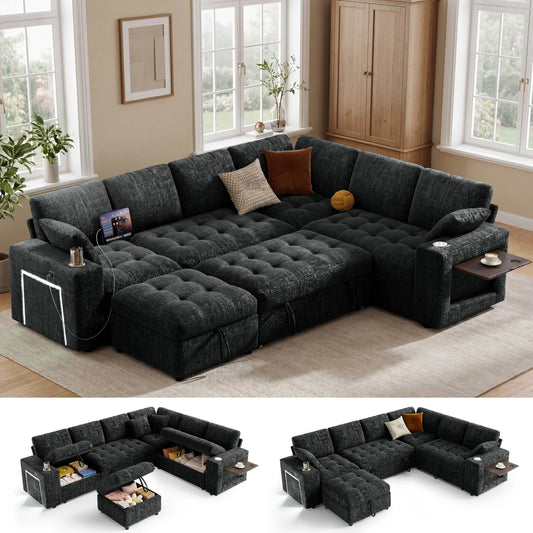 111 Inch Modular 7 Seat Chenille L Shaped Sectional Sleeper Sofa with Pull Out Bed Storage Ottoman USB Ports Cup Holders Side Table LED Light Tool Free Assembly Convertible Couch for Living Room Apartment