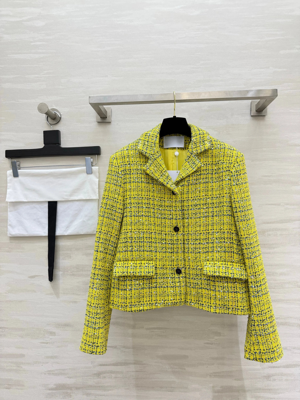 2026 Women Two Piece Tweed Matching Outfit Silver Yarn Blended Fabric Long Sleeve Jacket A‑Line Midi Skirt
