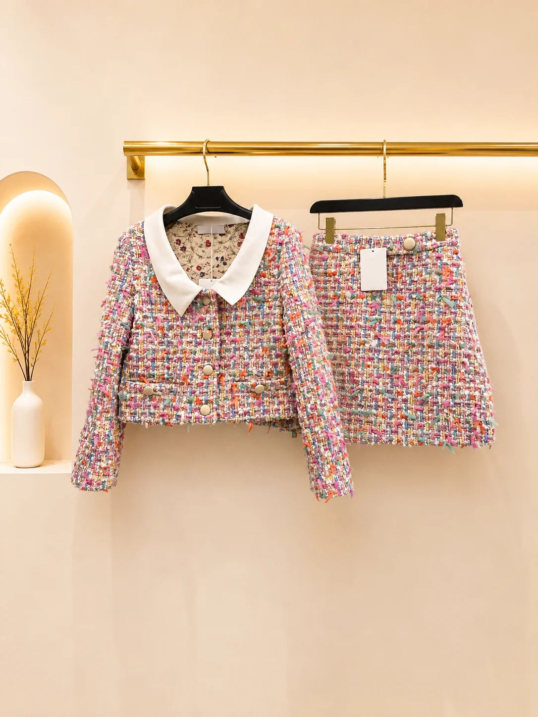 2026 Women Tweed Two Piece Set Contrast Doll Collar Wool Blend Fabric Multi Yarn Woven Cropped Jacket A Line Skirt Outfit