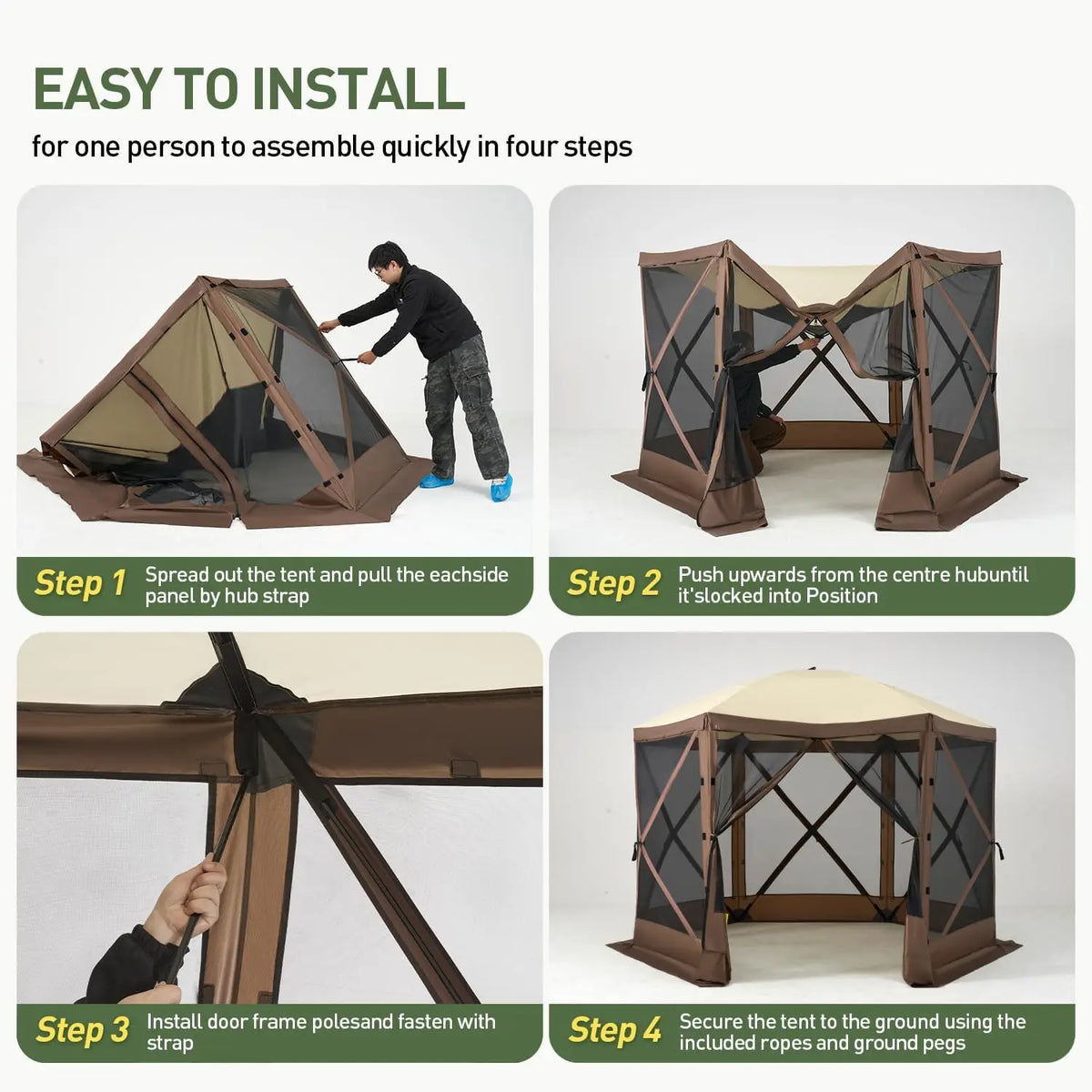 Aoxun 12x12ft Pop Up Canopy Tent 6 Sided Screen Tent With Mesh Windows And Carrying Bag Large Sunshade For Camping Backyard Courtyard Lawn Brown