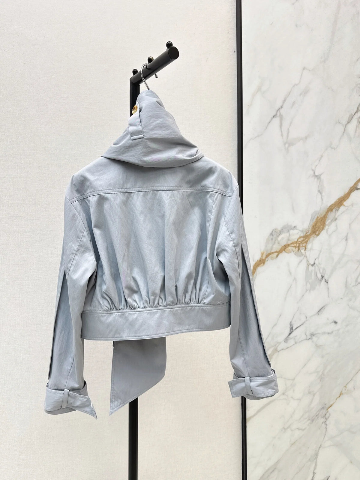2026 Women Jacket Cropped Stand Collar Outerwear Doll Silhouette Sash Detail Custom Dyed Blue Plain Fabric