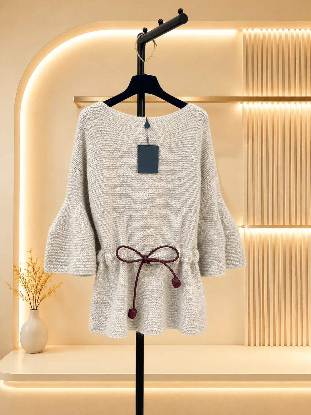 2026 Women Tunic Sweater Boat Neck Batwing Flare Sleeve Leather Drawstring Bow Waist Thick Wool Blend Loose Top