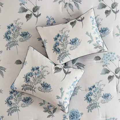 7 Piece Printed Seersucker Comforter Set with Throw Blanket Blue Full/Queen (Blue + Microfiber + Full)'