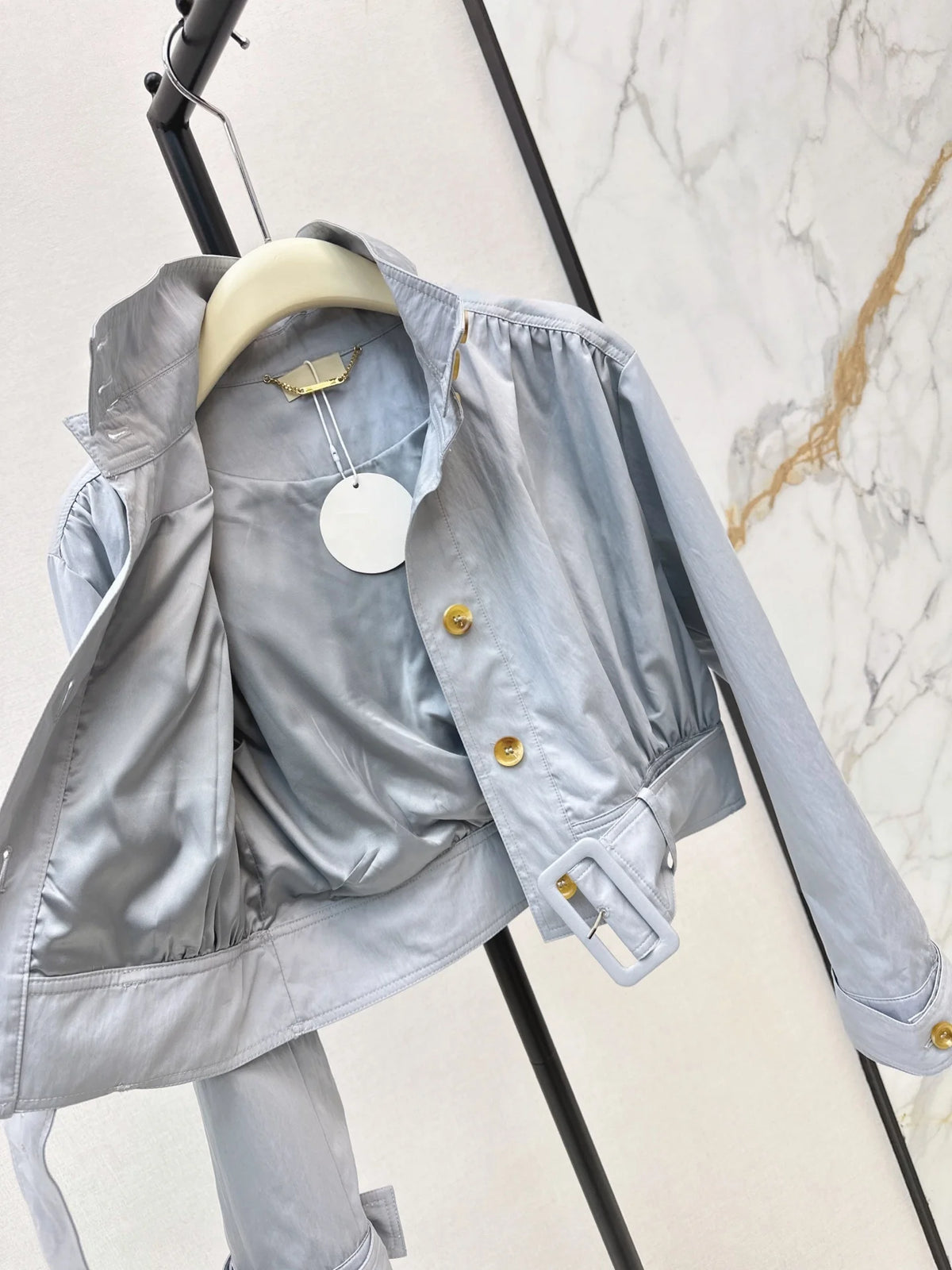 2026 Women Jacket Cropped Stand Collar Outerwear Doll Silhouette Sash Detail Custom Dyed Blue Plain Fabric
