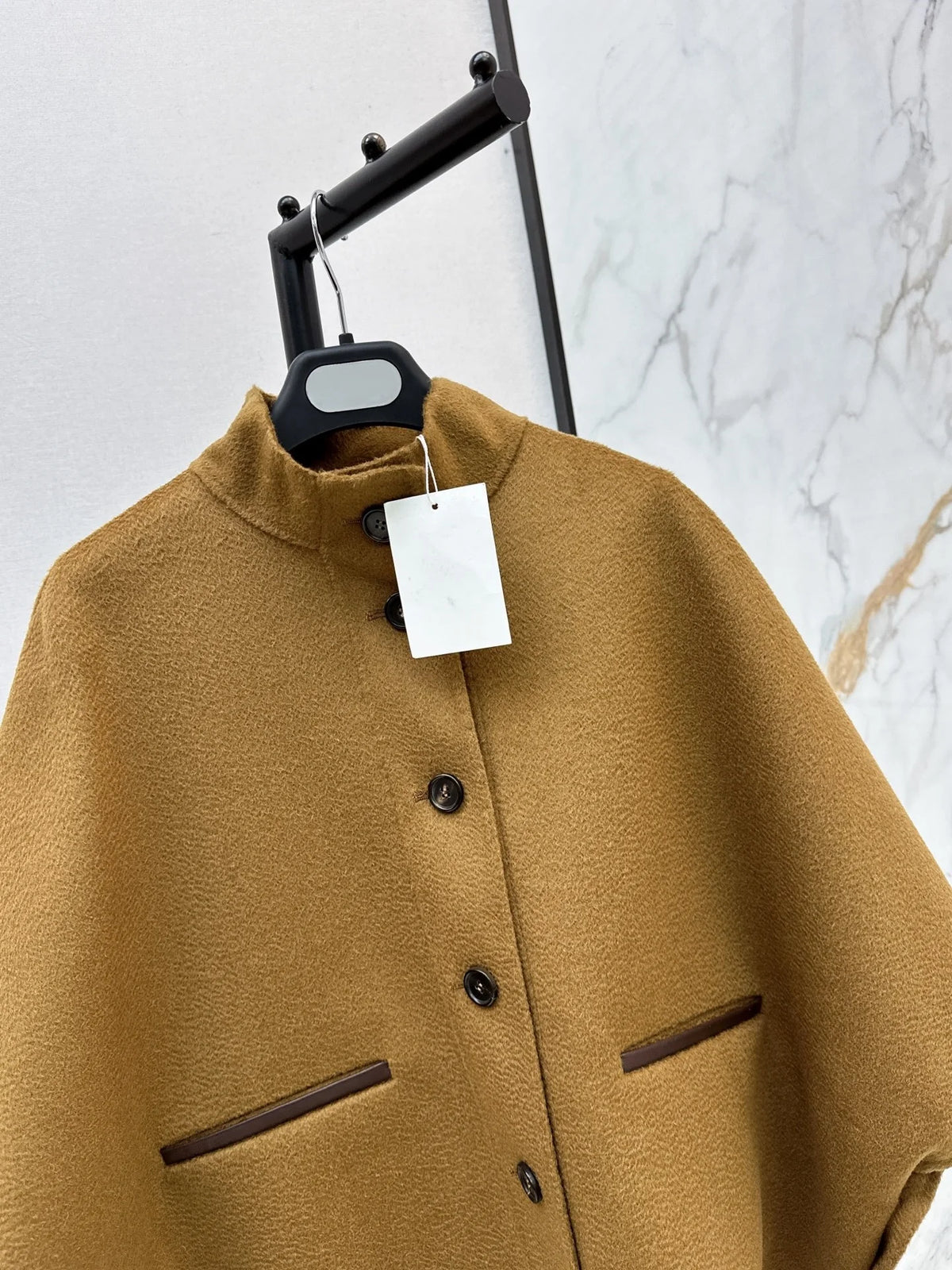 2026 Women Short Cape Jacket Custom Water Ripple Cashmere Fabric Soft Comfortable Pocket Contrast Leather Trim Irregular Drape