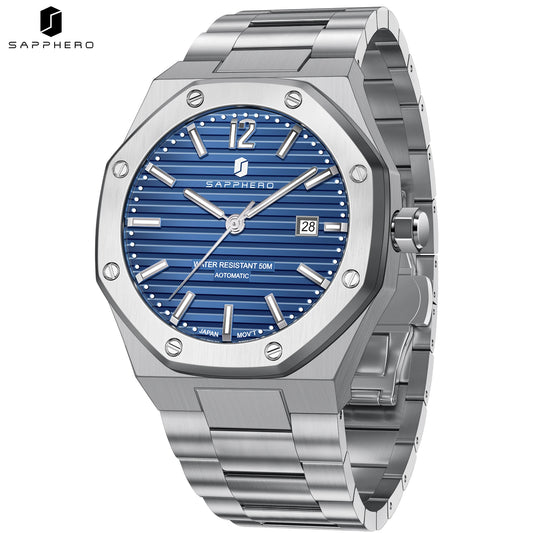 SAPPHERO Men's Automatic Watch Stainless Steel Luxury Sport Wristwatch 50M Waterproof Date Display Business Casual Elegant Durable Mechanical Watch for Men Daily Wear Office Travel Gift