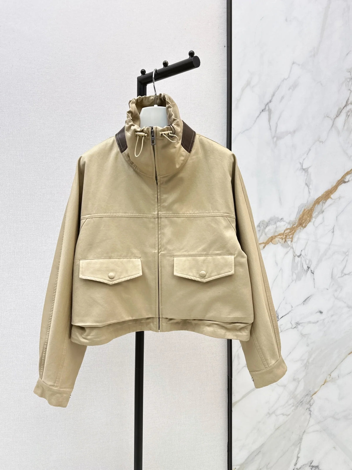 2026 Women Two Piece Set High Collar Leather Patch Zip Up Jacket High Waist Irregular Midi Skirt