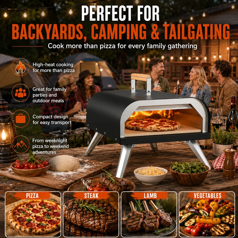 Portable Outdoor Gas Pizza Oven, 12 Inch Propane Pizza Maker with Pizza Stone, High Temperature Stainless Steel Pizza Grill for Backyard Camping Garden Homemade Italian Pizza
