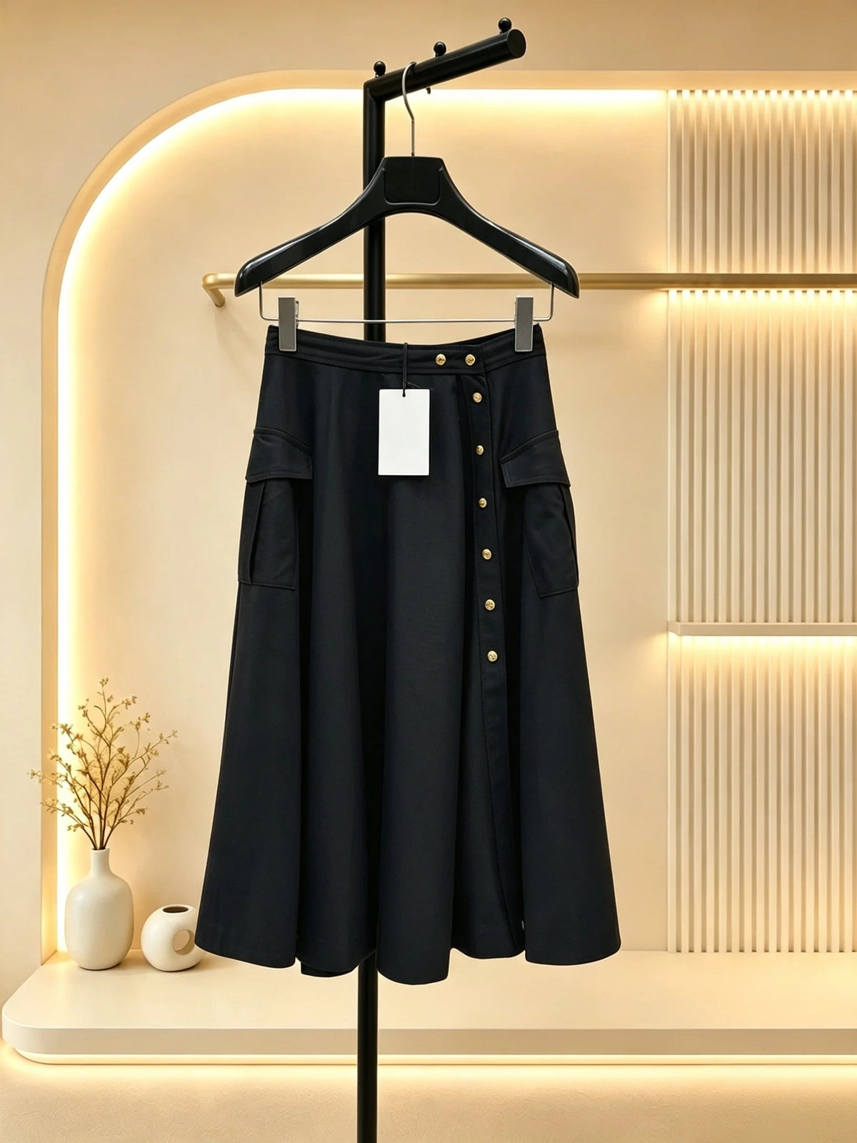 2026 Women Skirt High‑Waist A‑Line Midi Skirt Cargo‑Style Side Patch Pockets Side Single Row Metal Buttons Full Flare Swing H
