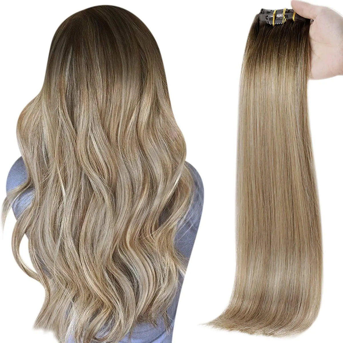 Full Shine Seamless Clip in Natural Human Hair Extensions 8Pcs PU Clip in Remy Hair for Women