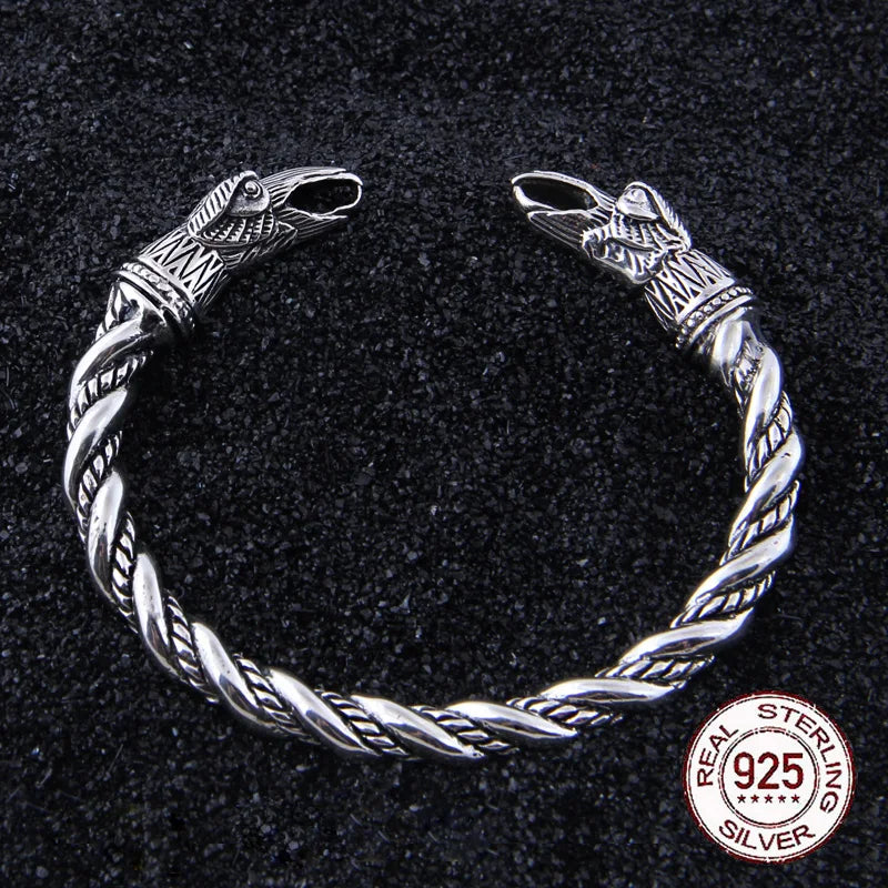 S925 Sterling Silver Viking Odin Raven Bangle with wood box as gift for men or women