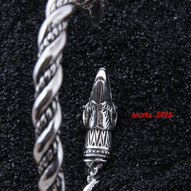 S925 Sterling Silver Viking Odin Raven Bangle with wood box as gift for men or women