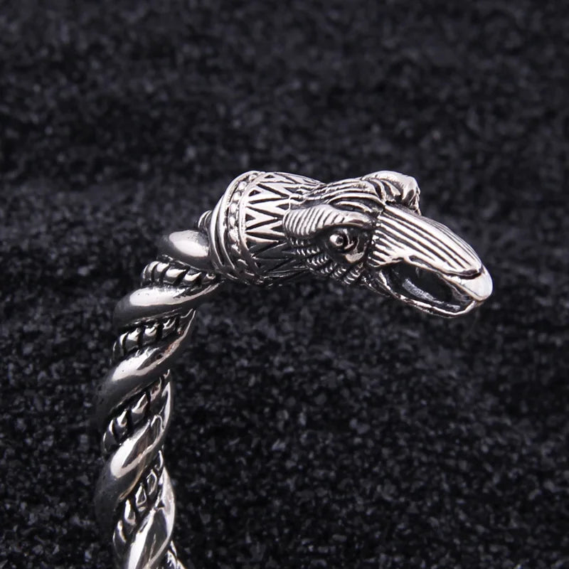 S925 Sterling Silver Viking Odin Raven Bangle with wood box as gift for men or women