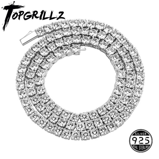 TOPGRILLZ New 925 Sterling Silver 3-6mm Tennis Chain with Spring Clasp Iced Out CZ Necklace Hip Hop Jewelry For Men Women