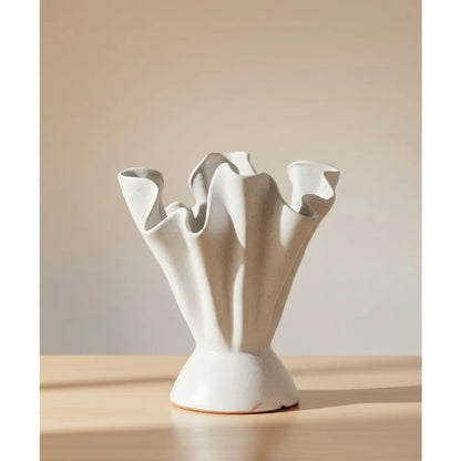 Elegant Ruffled Stoneware Vase Cream Home Decor Farmhouse Style Floral Arrangement Centerpiece