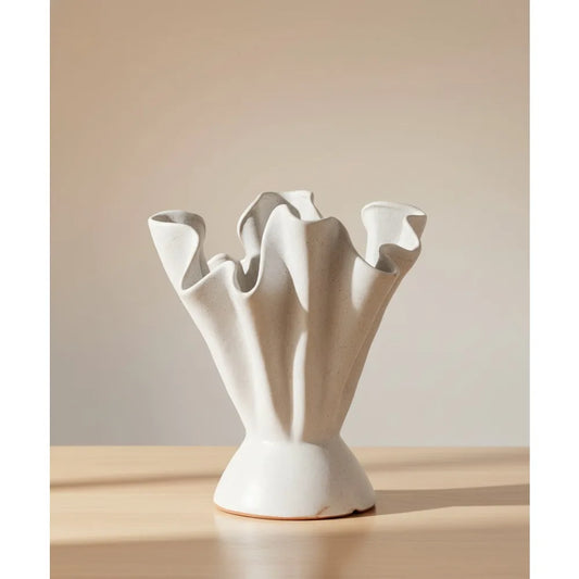 Elegant Ruffled Stoneware Vase Cream Home Decor Farmhouse Style Floral Arrangement Centerpiece