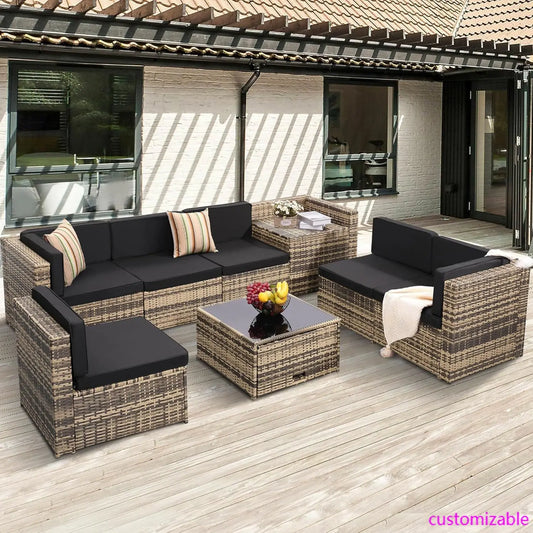 8 Pieces Outdoor Wicker Rattan Patio Furniture Sectional Set, Glass Top Table with Hidden Storage, 7 Sofa Sections.