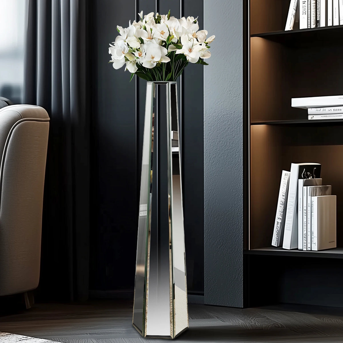 30 Inch Tall Modern Floor Vase Mirrored Glass Large Flower Home Standing Glass Vase Decorative Accessory