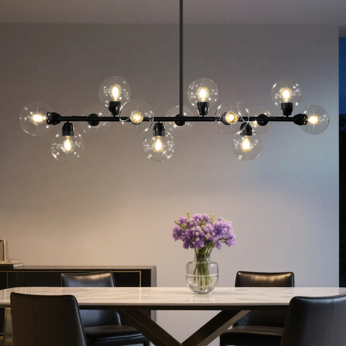 Modern Linear Chandelier Dimmable Glass Bubble Pendant Light Kitchen Living Dining Room Black Home Decor Hanging Lamp