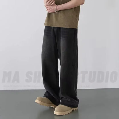 Men's New Denim Pants Old Blue Black Washed Spring Autumn Male Jeans Straight Casual Menwear Loose Wide Leg Trousers New Fashion