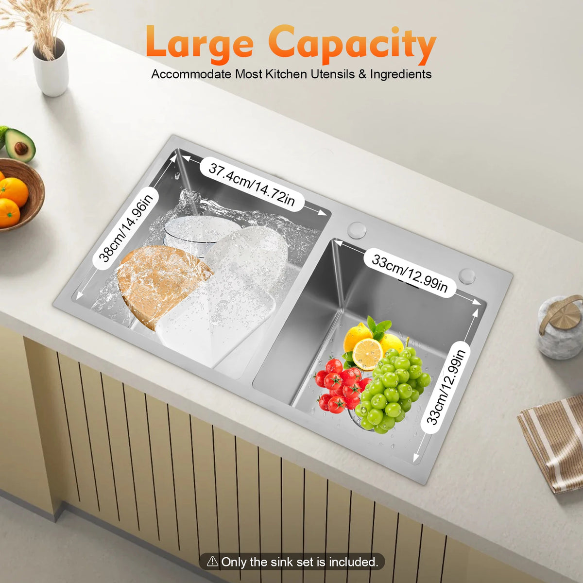 Sturdy Stainless Steel Kitchen Sink, 37.4*38Cm Large Capacity Double Bowl Kitchen Sink, With V-Shaped Drainer,Drain Basket