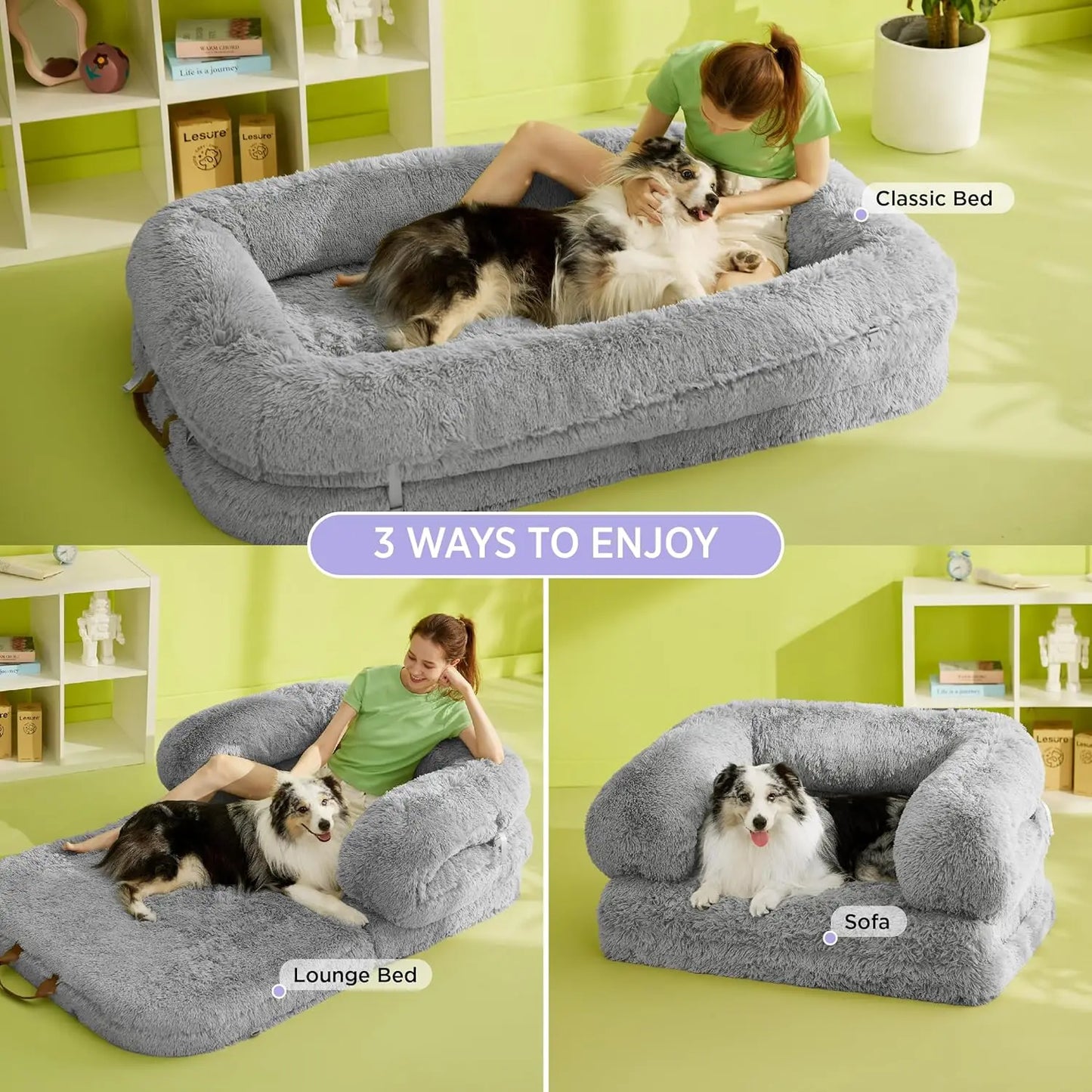 Foldable 3-in-1 Human Dog Bed with Orthopedic Foam, Waterproof Cover, and Soft Faux Fur - Grey