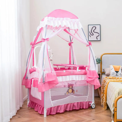 4-in-1 Portable Baby Playard with Canopy, Changing Table, Bassinet & Toys for Newborns to Toddlers in Hot Pink