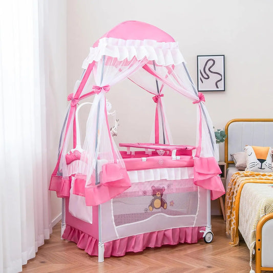 4-in-1 Portable Baby Playard with Canopy, Changing Table, Bassinet & Toys for Newborns to Toddlers in Hot Pink