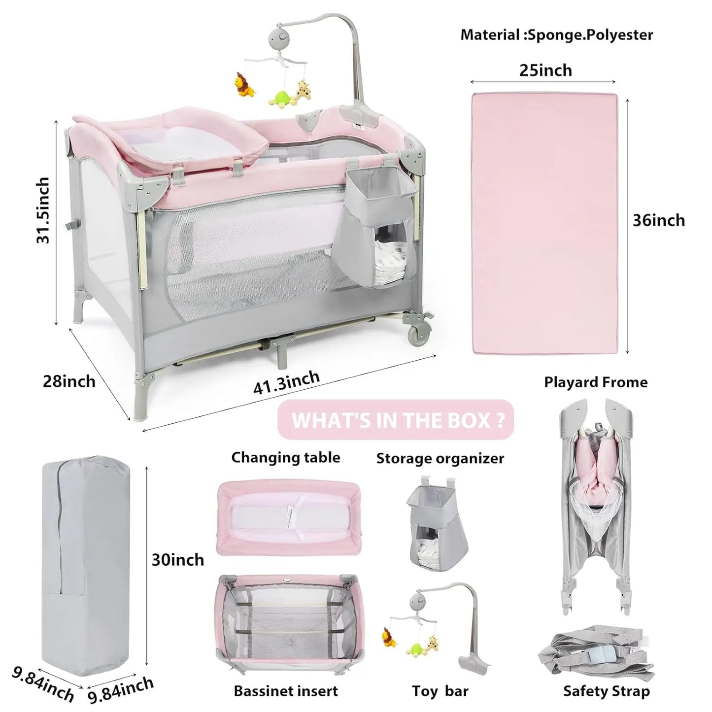 5-in-1 Pink Baby Bassinet Bedside Crib, Foldable Playard with Travel Bag for Infant Newborn