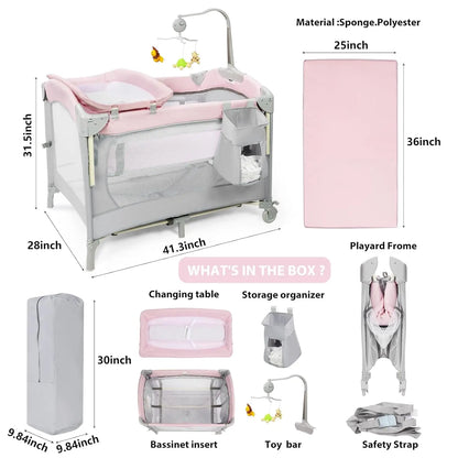 5-in-1 Pink Baby Bassinet Bedside Crib, Foldable Playard with Travel Bag for Infant Newborn
