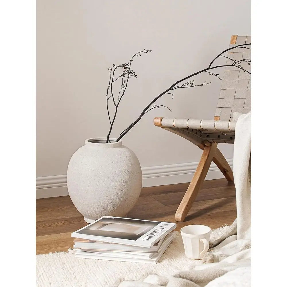 Large 12.5 Round White Ceramic Floor Vase for Centerpieces, Rustic Minimalist Decor