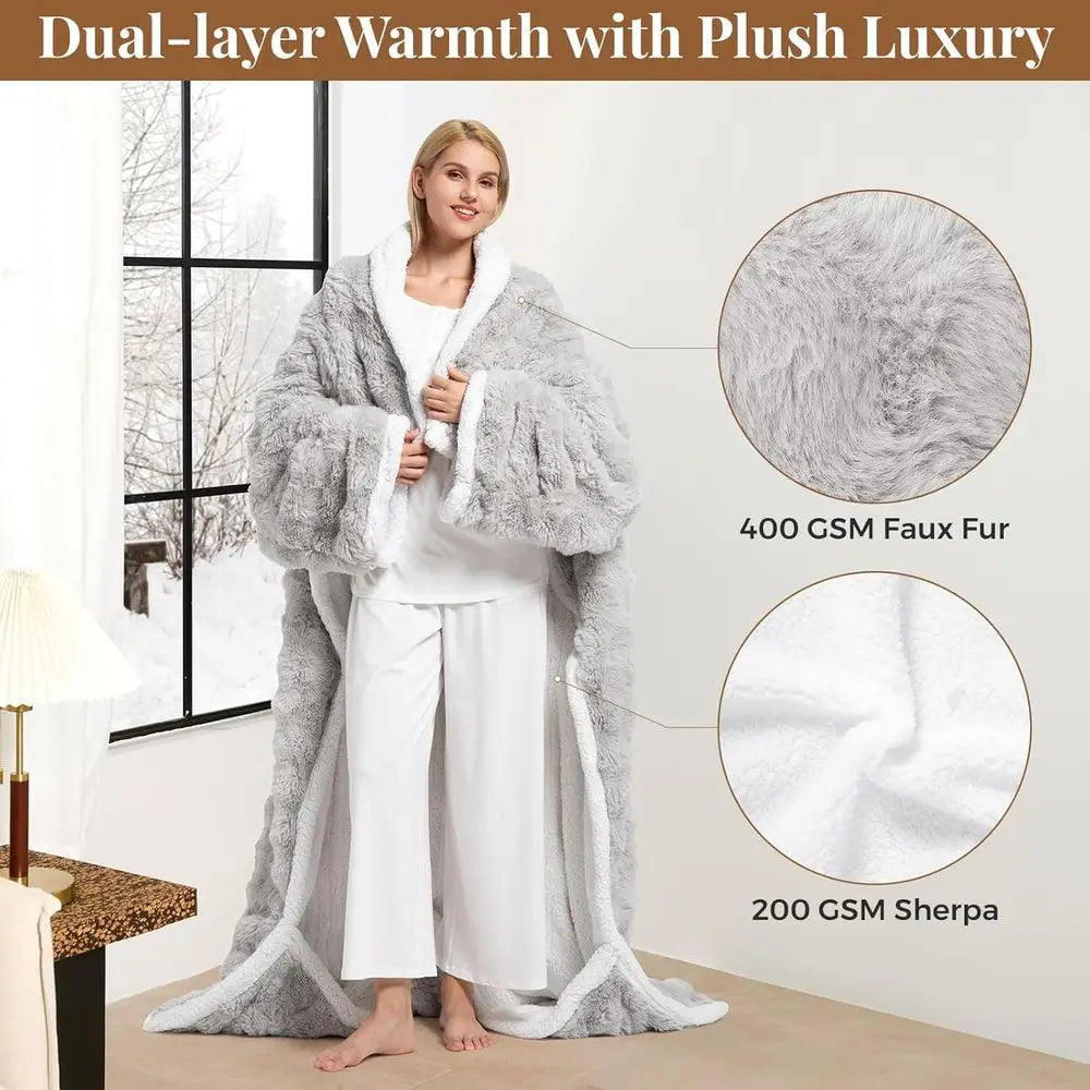 Heated Blanket, Luxury Faux Fur & Sherpa Electric Throw Blanket with Sleeves, Foot Pockets, Heated Robe for Women Men Gift, 3 He
