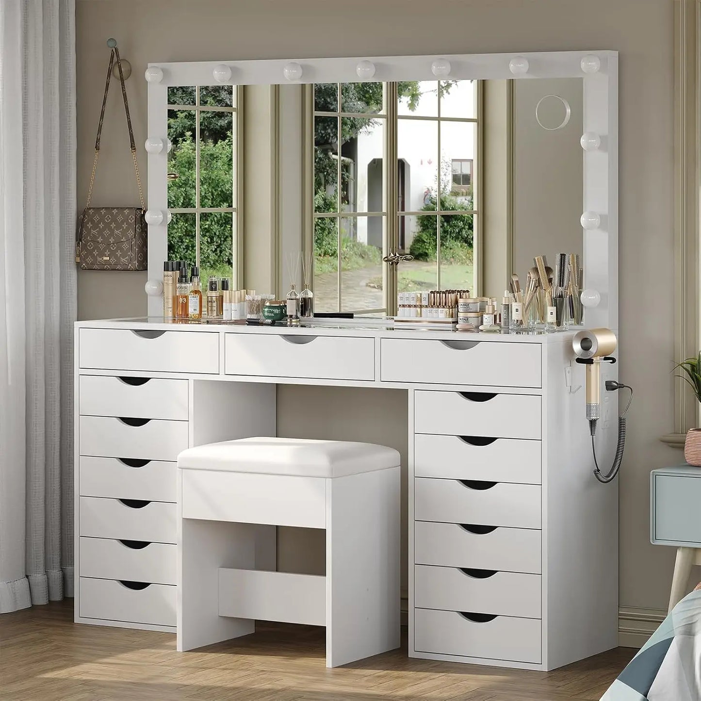 Vanity Desk with Mirror and Lights, Makeup Table with Charging Station, 3 Color Lighting Modes, 15 Drawers Dressing Table