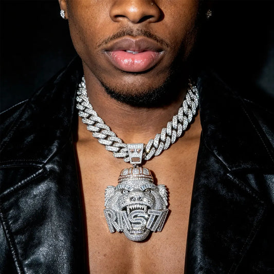 Hip Hop Letter RASTA Lion Head Pendant, Full Iced Out Synthesis Cubic Zirconia Necklace, Luxury Bling Jewelry Gift