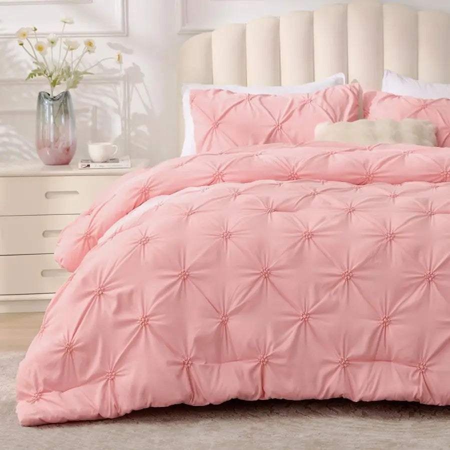 Pink Comforter Set Queen 3 Pieces Boho Pintuck Bedding Comforter Sets, Lightweight Soft amp Warm Bed Comforter Queen with 2 Pill