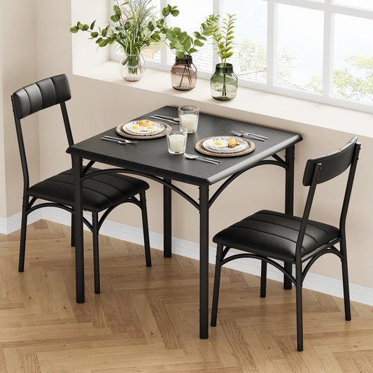 Kitchen Dining Table Set Chairs for 2, Metal and Wood Square Dining Room Table Set with 2 Upholstered Chairs for Small Space, Apartment