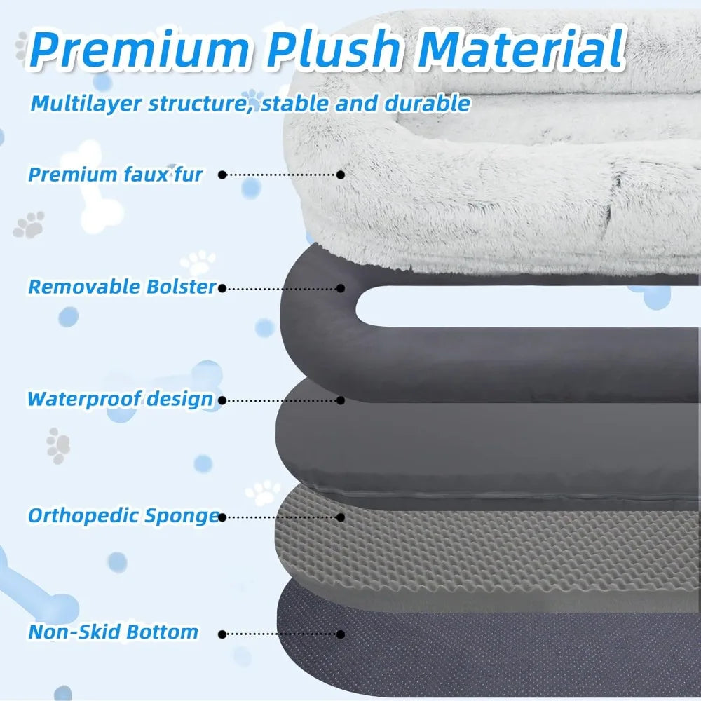 Dog Bed - 71x45x12 Fits You & Pets, Washable Faux Fur, Orthopedic, Plump Pillow, Blanket, Strap - Grey