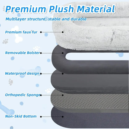 Dog Bed - 71x45x12 Fits You & Pets, Washable Faux Fur, Orthopedic, Plump Pillow, Blanket, Strap - Grey