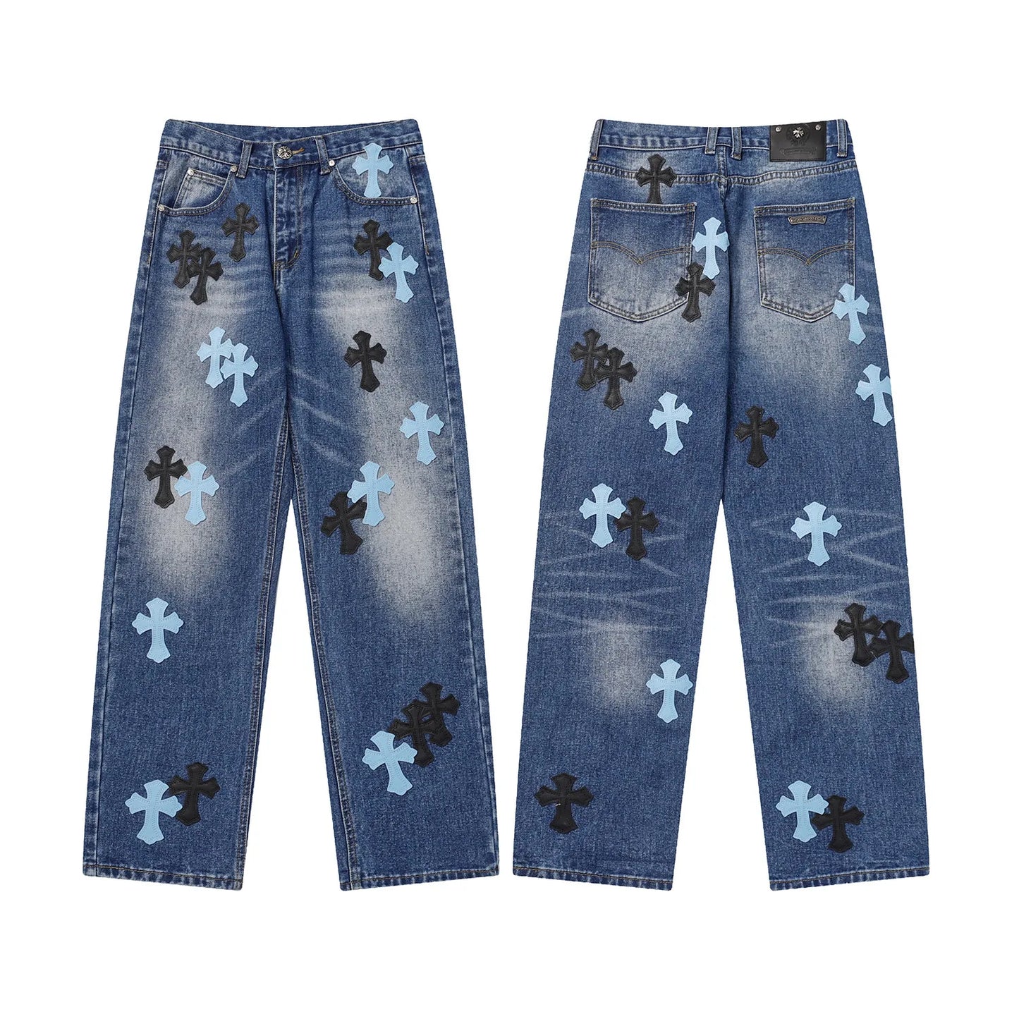 Classic Luxury Brand Men Women Leather Jeans Totem Patch Casual Pants Fashion Metal Embellished Couple Wear 2025