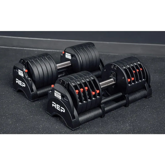 Rep Fitness Quickdraw Adjustable Dumbbells - Weight Ranges from 5 to 30, 40, 50, and 60 Pounds