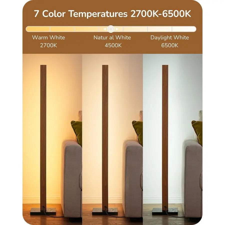 Mid Century Modern Floor Lamp with Remote, Dimmable Wood LED Corner Lamp, Minimalist Standing Mood Lighting for Living Room, Bed