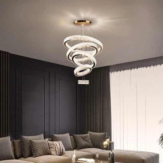 LED Big Crystal Chandeliers Modern 5 Rings Pendant Light Adjustable Ceiling Light for Bedroom Dinning Room Kitchen (Multicolor,Control by Switch)
