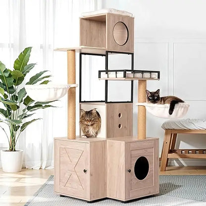 wooden cat litter box enclosure with integrated cat tree, tower, condo, removable cushions, scratching posts, and dual hammocks