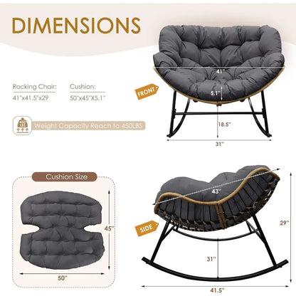 Outdoor Papasan Rocking Chair with Padded Cushion, All-Weather Patio Egg Rocker, Large Rattan Glider Indoor, Wide Cozy