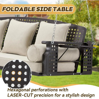 Three Porch Swing Chairs, A Terrace Swing Bench with Cup Holders and Three Cushions, with Chains