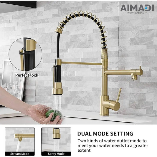 Brushed Gold Kitchen Faucet with Pull Down Sprayer, Commercial Gold Kitchen Sink Faucet Single Handle Spring Two Nozzles Faucets