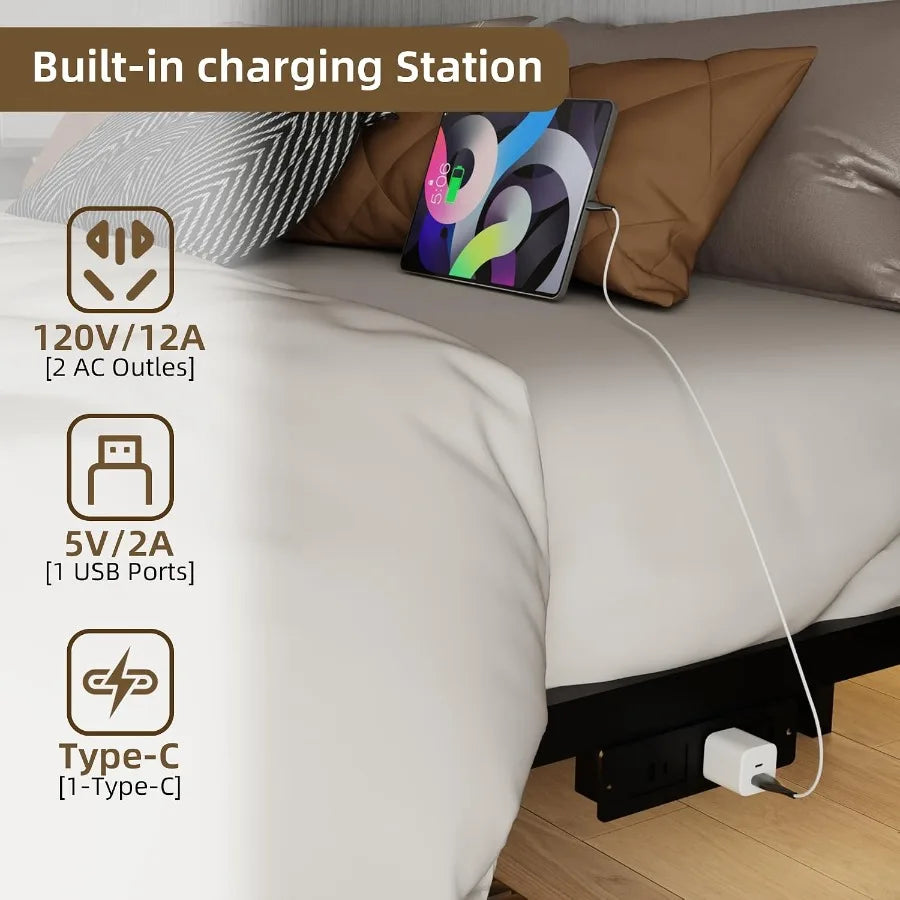 Floating Bed Frame Size with Charging Station and LED Lights, Metal Platform Bed Frame, 1000 lbs Capacity, No Box Spring Needed