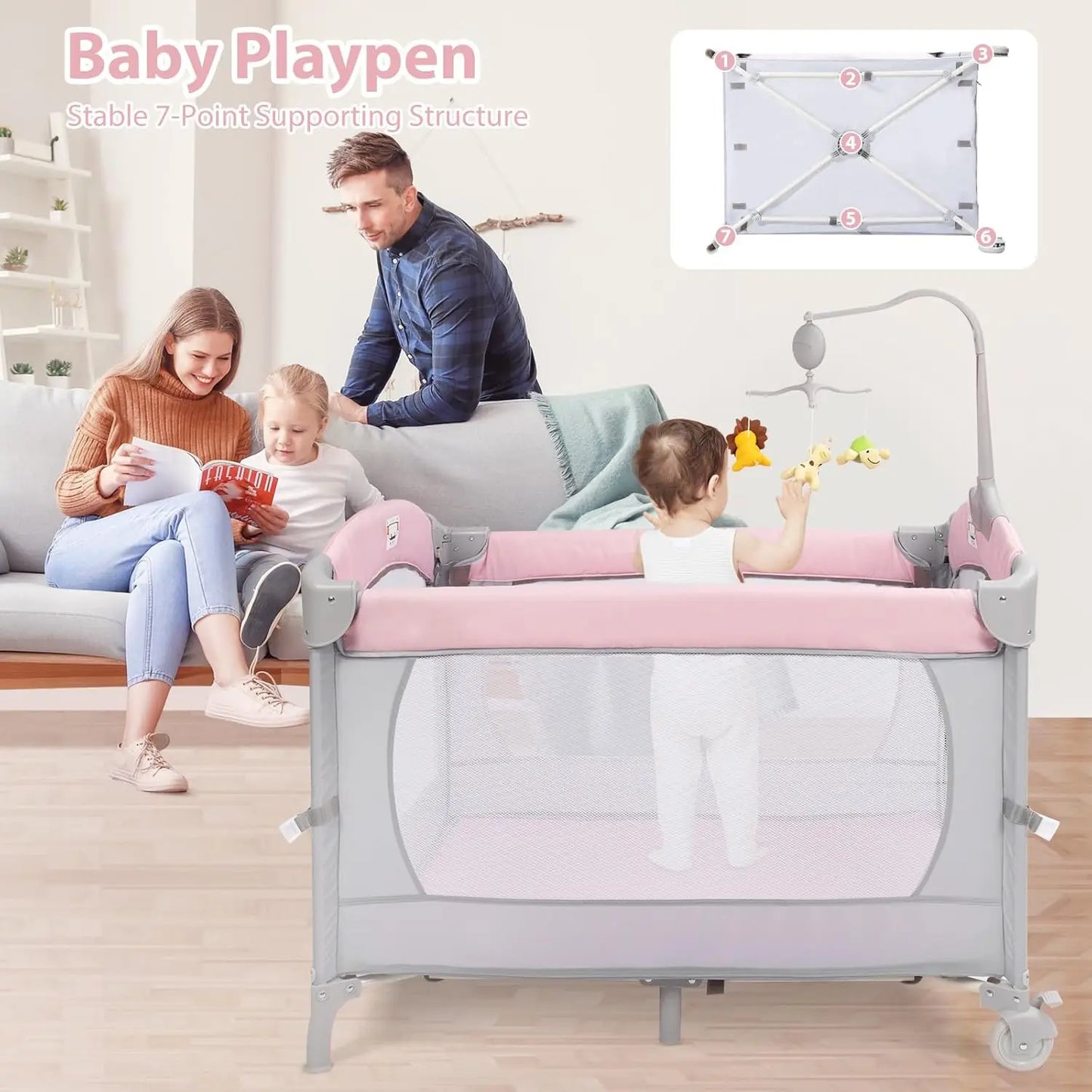5-in-1 Pink Baby Bassinet Bedside Crib, Foldable Playard with Travel Bag for Infant Newborn
