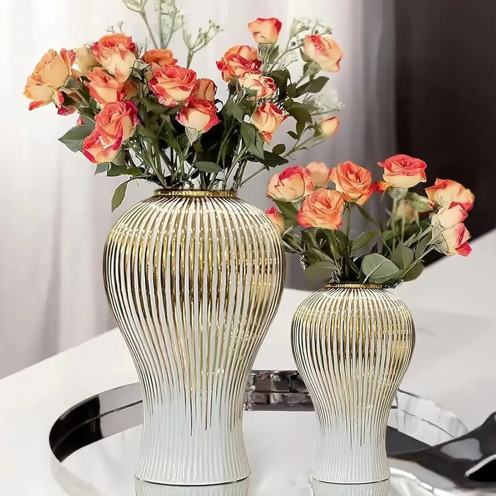 Large Modern Minimalist White & Gold Ceramic Vase for Home Décor, Centerpieces, Living Room, Office, Bedroom, Bookshelf, Mantel